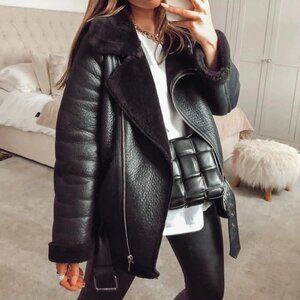 Zara Aviator Faux Leather Shearling Biker Jacket Black Blogger Size XS